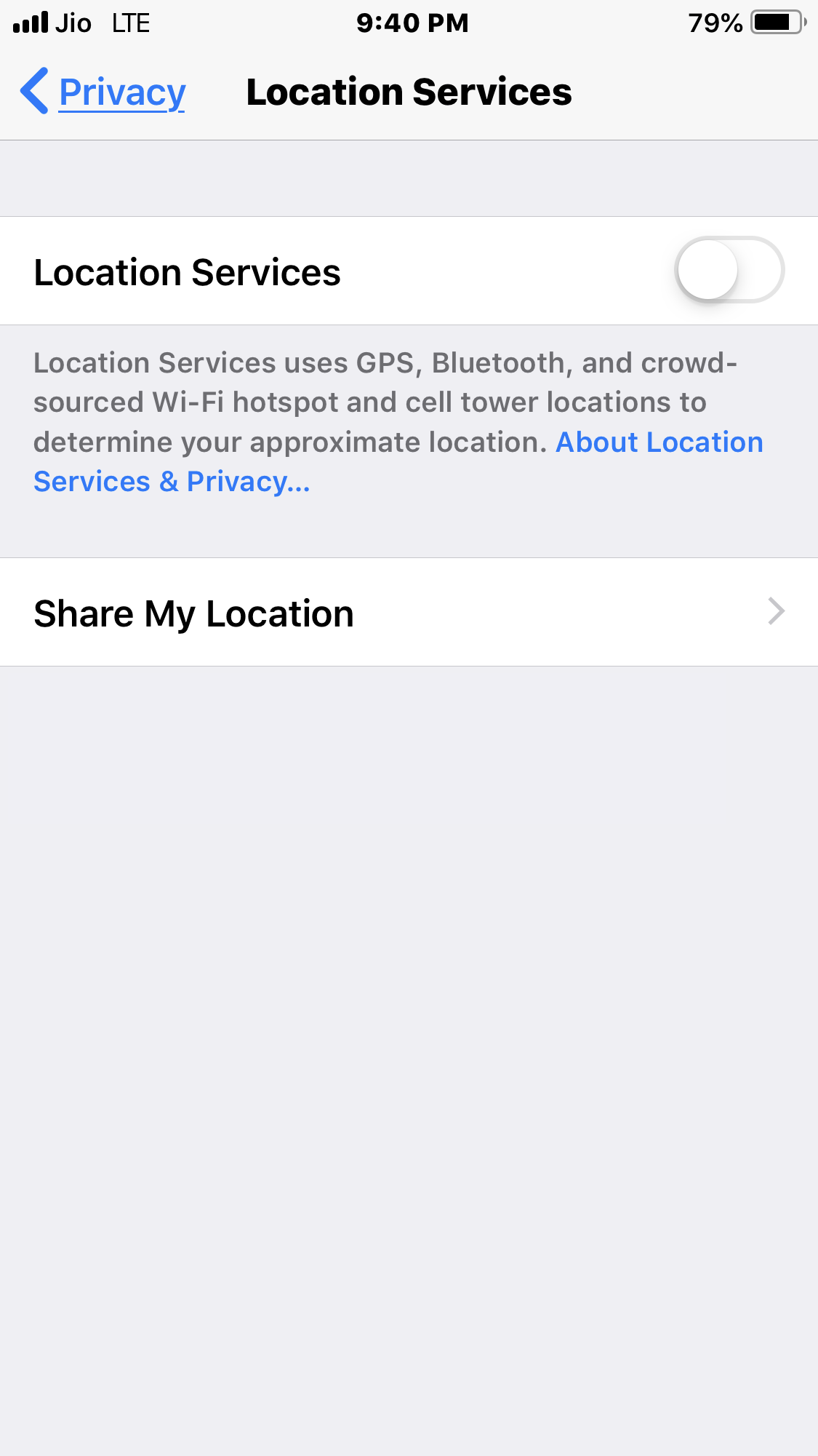 iPhone Location Services in Off State